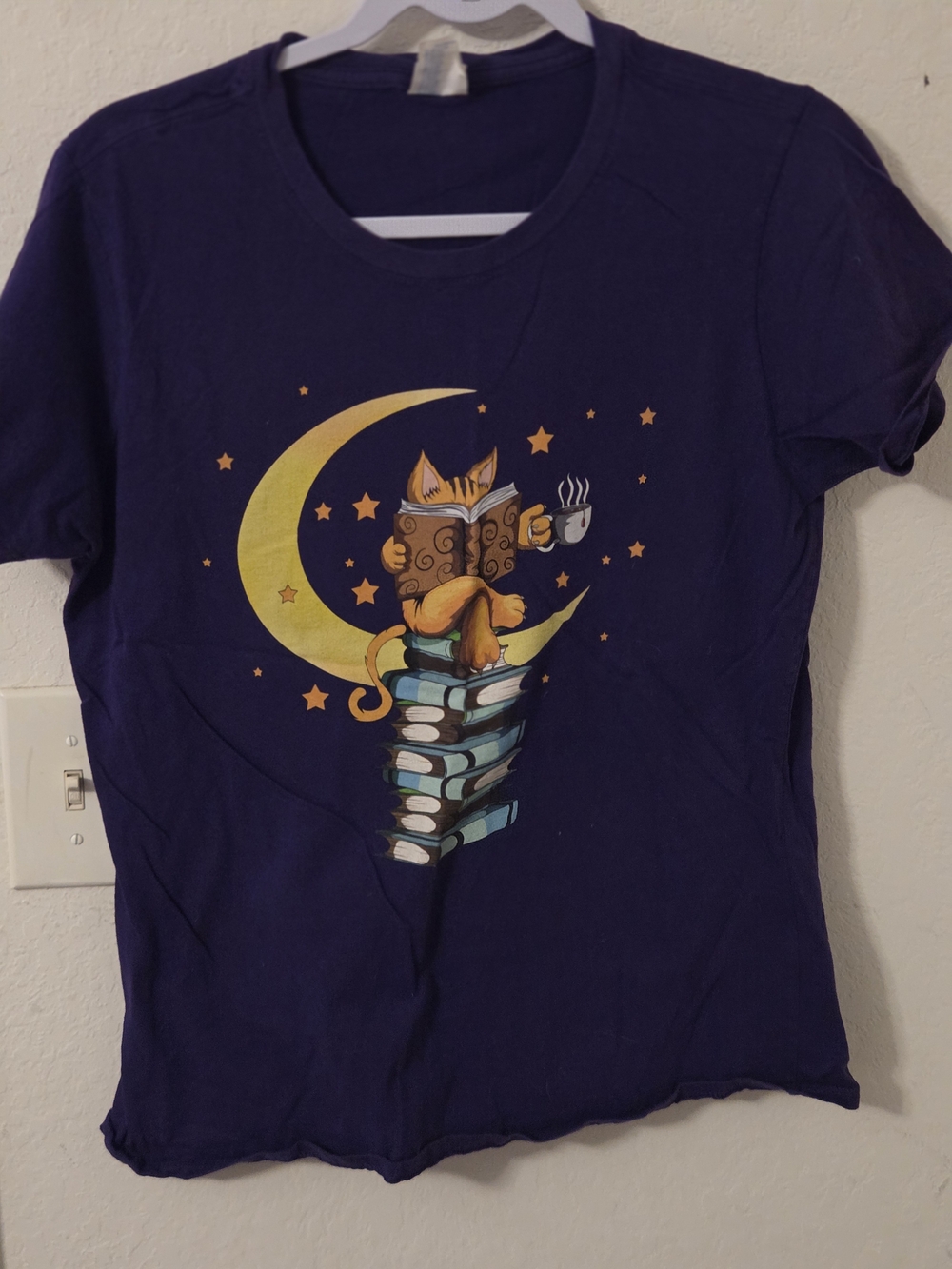 Cozy Cat Reading Moon Tee - Purple with Yellow Accents